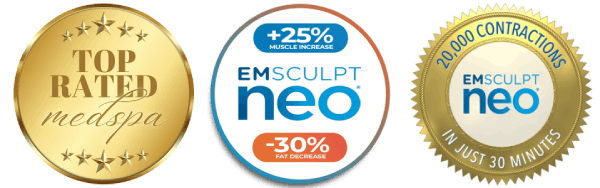 Emsculpt NEO Badges: Top Rated Medspa, Emsculpt NEO +25% muscle increase and -30% fat decrease, 20,000 contractions in just 30 minutes