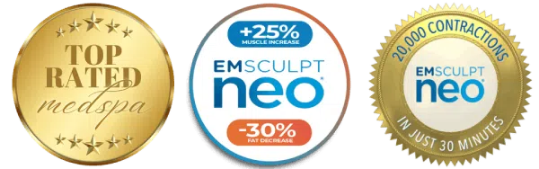 Emsculpt NEO Badges: Top Rated Medspa, Emsculpt NEO +25% muscle increase and -30% fat decrease, 20,000 contractions in just 30 minutes